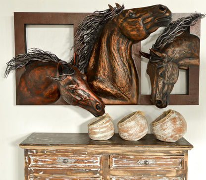 Wild Spirit Horses | Handcrafted Copper Wall Sculpture | Three Running Horses | 78" x 25" x 44"