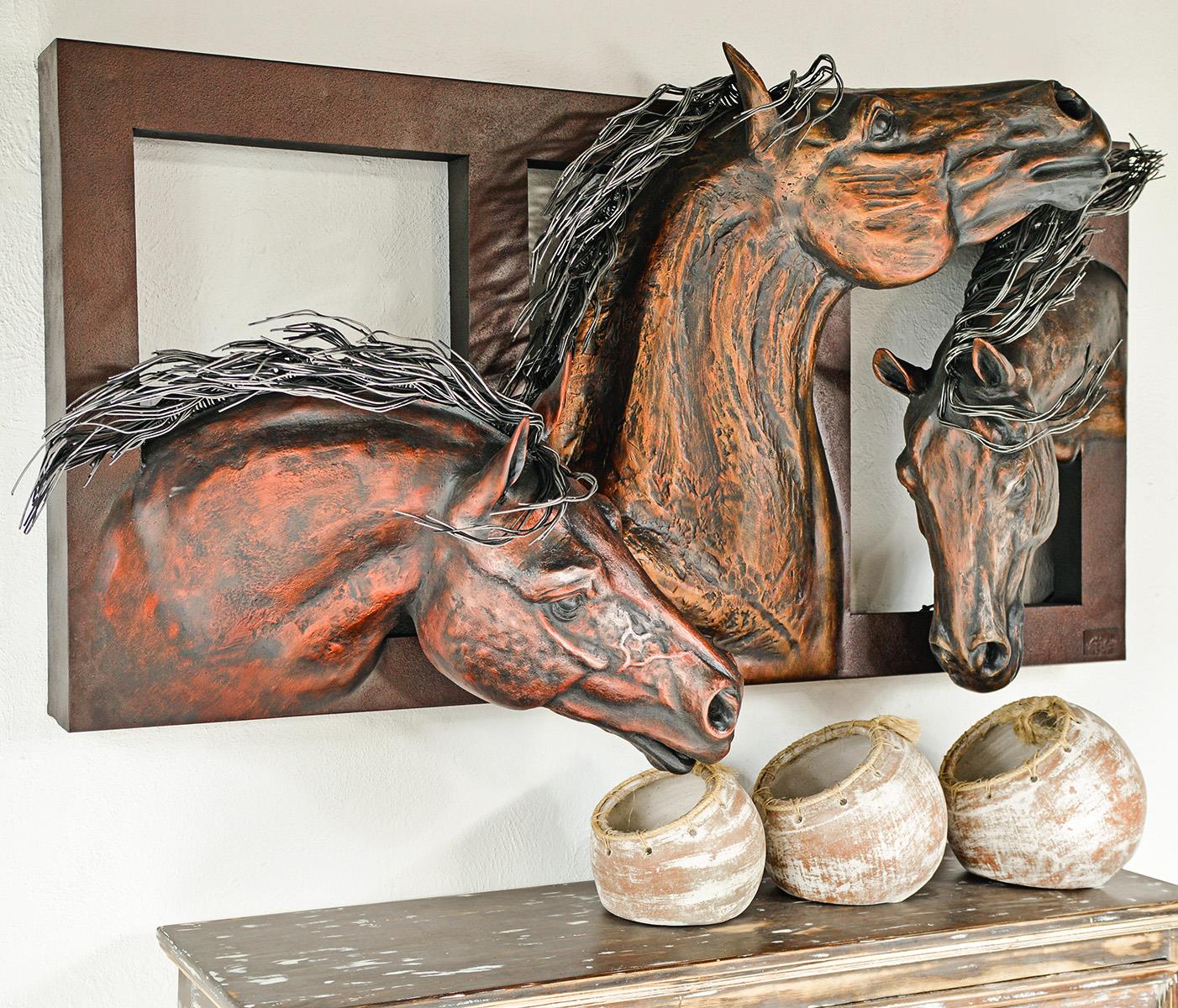 Wild Spirit Horses | Handcrafted Copper Wall Sculpture | Three Running Horses | 78" x 25" x 44"