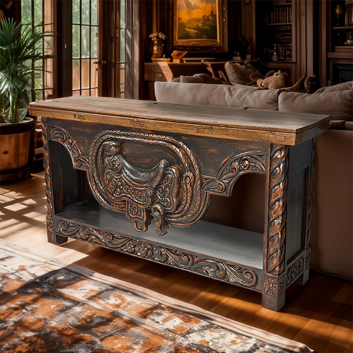 Sunset Canyon Hand Carved Saddle Stand With An Old Door Top Credenza / Console Table - Black