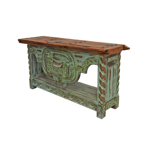 Tascosa Canyon Hand Carved Saddle Stand With An Old Door Top Credenza / Console Table - Teal