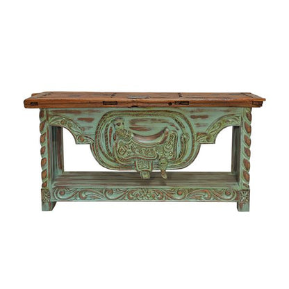 Tascosa Canyon Hand Carved Saddle Stand With An Old Door Top Credenza / Console Table - Teal