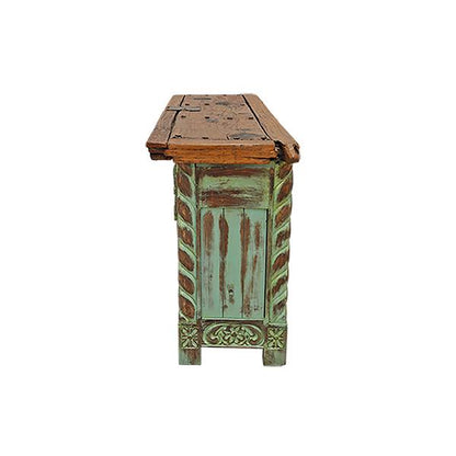 Tascosa Canyon Hand Carved Saddle Stand With An Old Door Top Credenza / Console Table - Teal