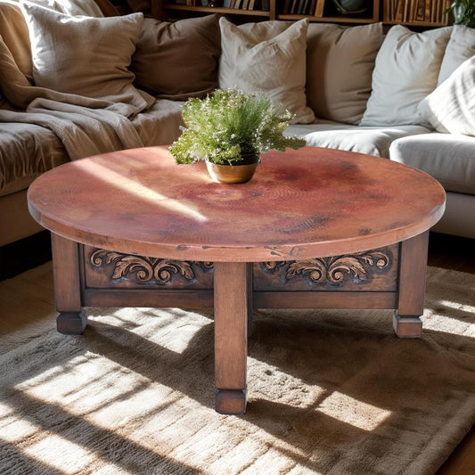 Sierra Vista Scroll Round Coffee Table with Copper Top | 21.5 x 54 x 48