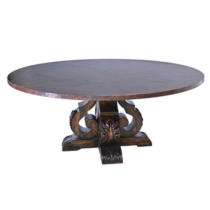 Andalusia Round Dining Table | Handcrafted Copper Top & Ornate Hand-Carved Wood Base