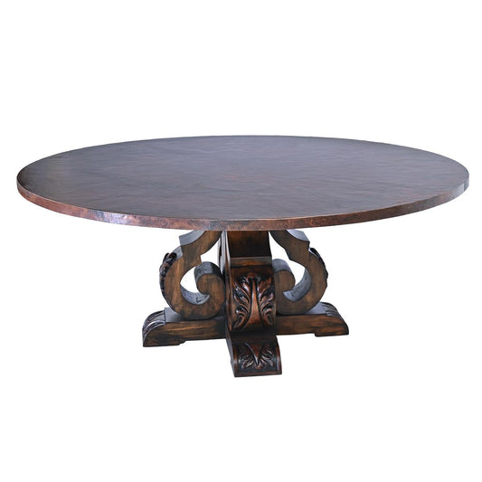 Andalusia Round Dining Table | Handcrafted Copper Top & Ornate Hand-Carved Wood Base