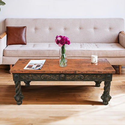 The Spaniard | Rustic Elegance Copper-Top Coffee Table with Hand-Carved Base | 22 x 28 x 55