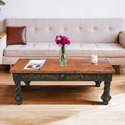 The Spaniard | Rustic Elegance Copper-Top Coffee Table with Hand-Carved Base | 22 x 28 x 55