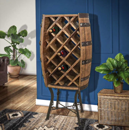 Fine as Wine | Half Barrel Wine Rack on Hand-Forged Steel Base | 22" W x 14" L x 48" H