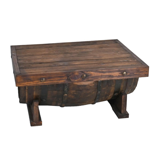 Casual Table with Wine Barrel Wooden top and Half Tequila Barrel Support 27.5" W x 38" L x 16.9" H