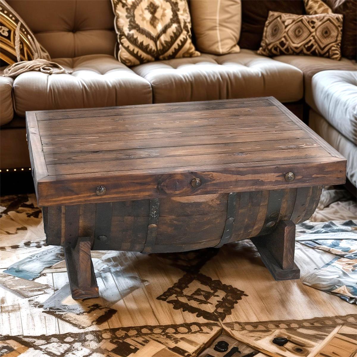 Casual Table with Wine Barrel Wooden top and Half Tequila Barrel Support 27.5" W x 38" L x 16.9" H