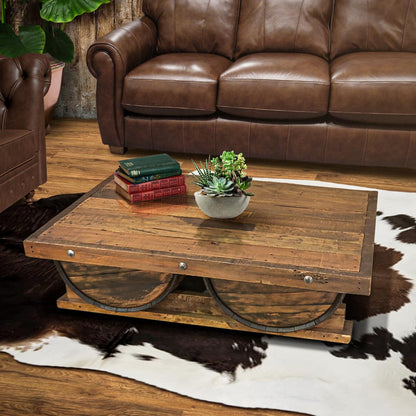 Casual Table with Wine Barrel Wooden top and Half Tequila Barrel Support 54" W x 39" L x 16" H