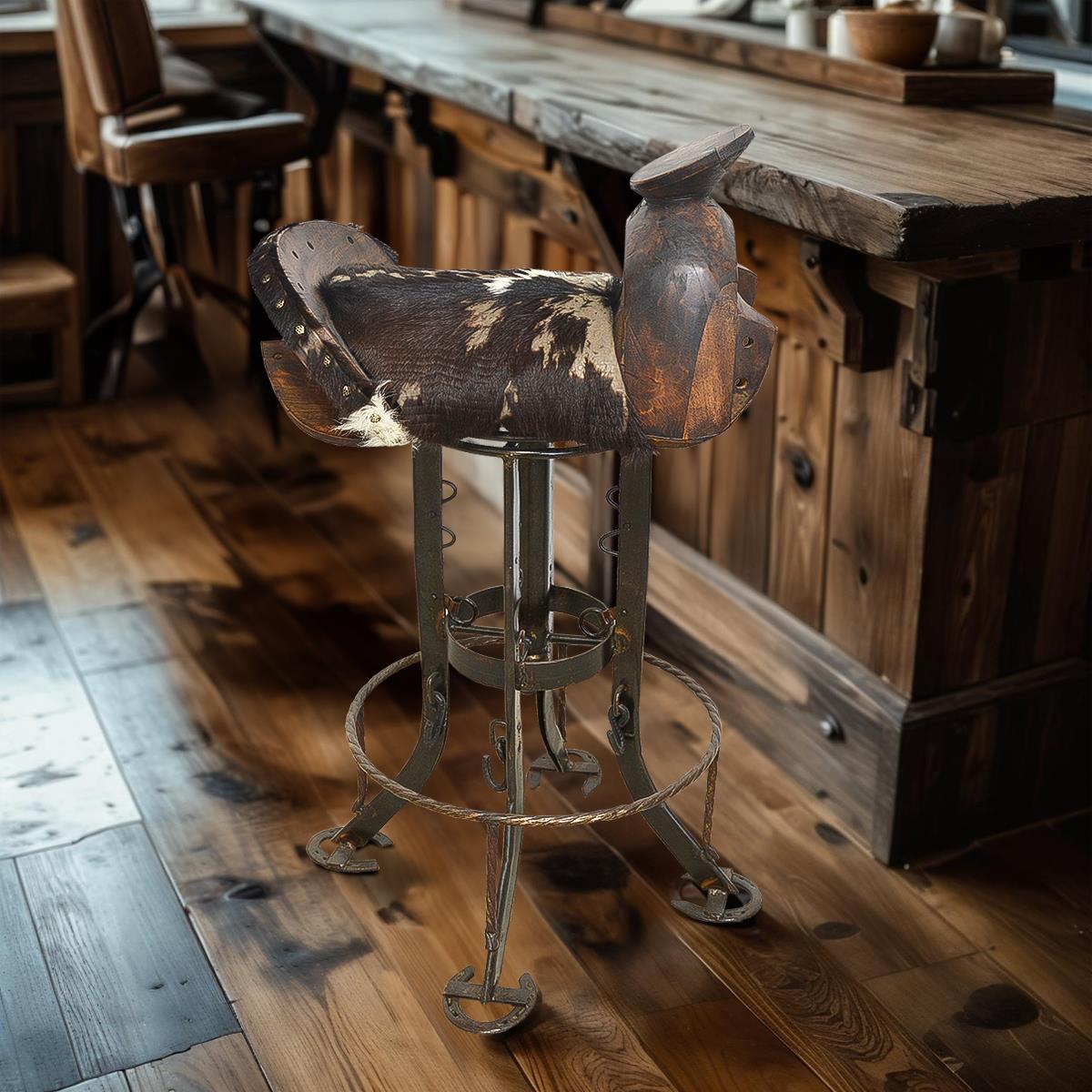 Cowboy's Saddle Swivel Barstool | Handcrafted with an Iron Base & Horseshoe Feet (2 or 3 Pack) 30"