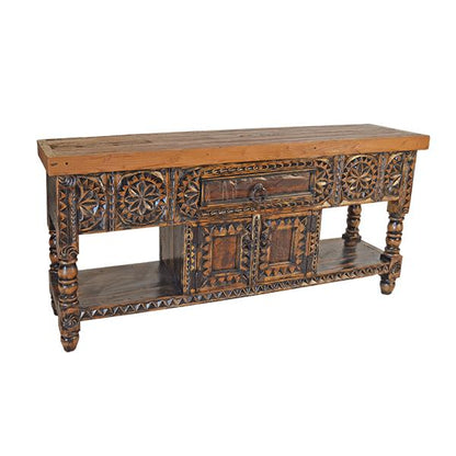 Limestone Hill Old Door Top, Black Wash Finish, Hand Carved Console