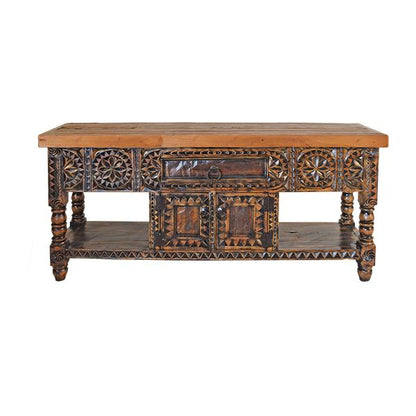 Limestone Hill Old Door Top, Black Wash Finish, Hand Carved Console