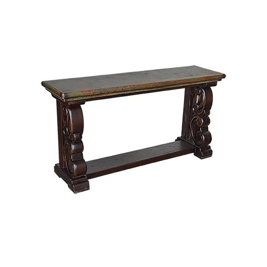 Limpia Canyon Credenza / Console Table With Handcarved Base Legs And Green Copper Top