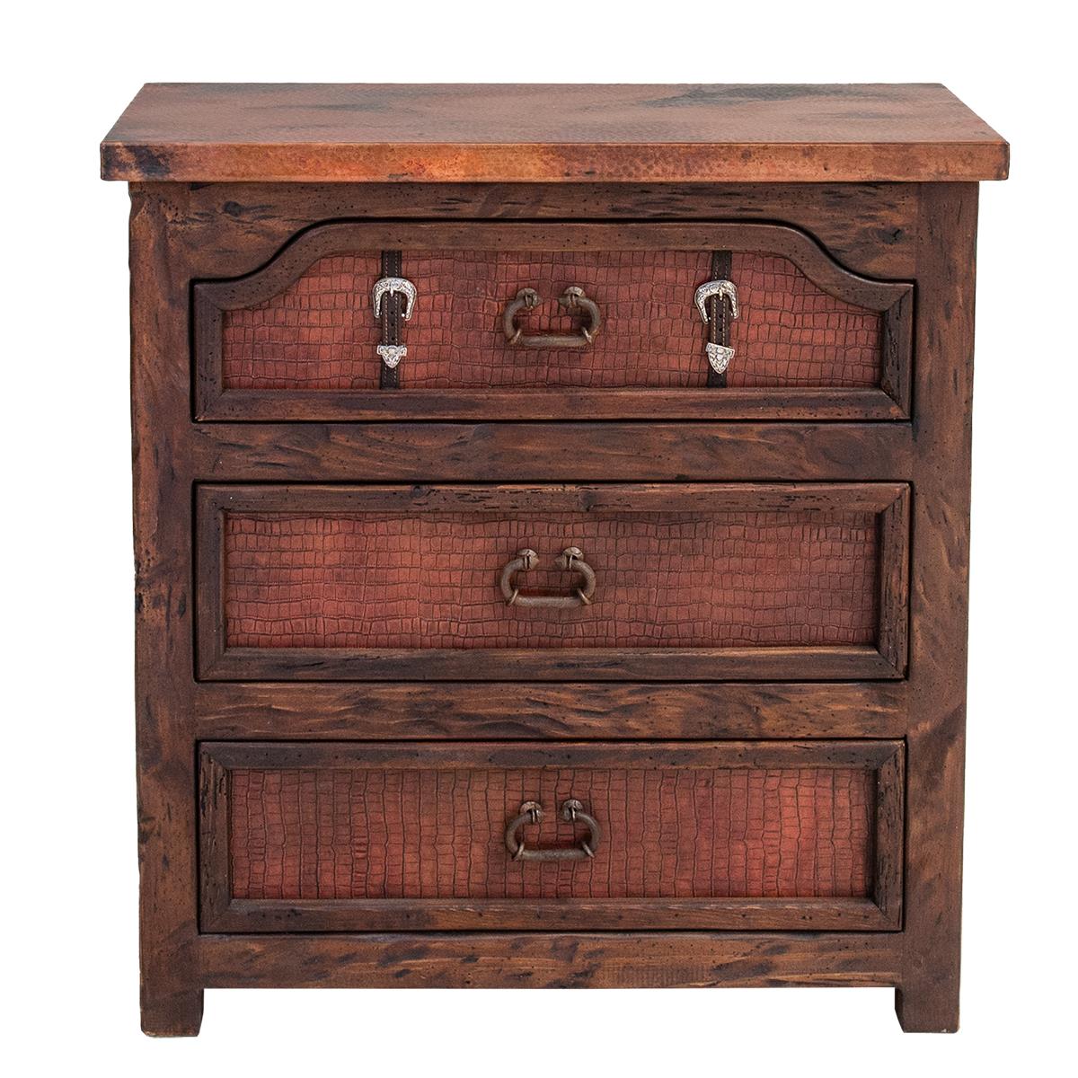 Sierra Saddle Dark Walnut Bed With Dark Red Crocodile Print Leather & Strap Accents, Hand-Carved, Optional Nightstands - Includes Full Service Delivery