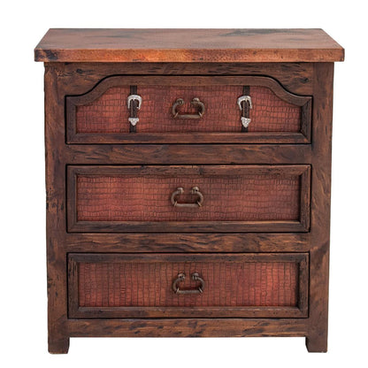 Sierra Saddle Dark Walnut Bed With Dark Red Crocodile Print Leather & Strap Accents, Hand-Carved, Optional Nightstands - Includes Full Service Delivery