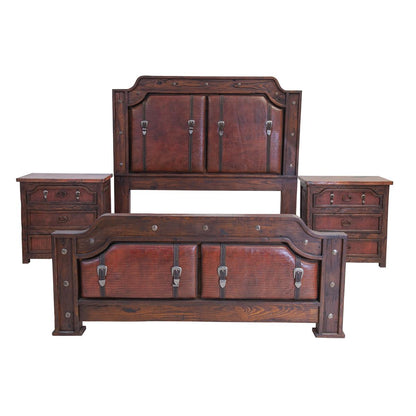 Sierra Saddle Dark Walnut Bed With Dark Red Crocodile Print Leather & Strap Accents, Hand-Carved, Optional Nightstands - Includes Full Service Delivery