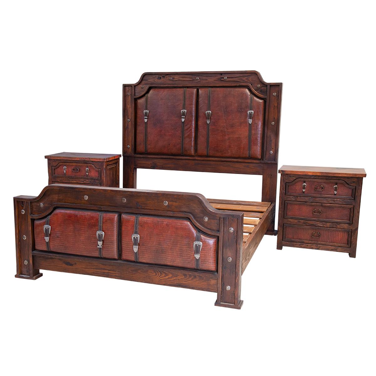 Sierra Saddle Dark Walnut Bed With Dark Red Crocodile Print Leather & Strap Accents, Hand-Carved, Optional Nightstands - Includes Full Service Delivery