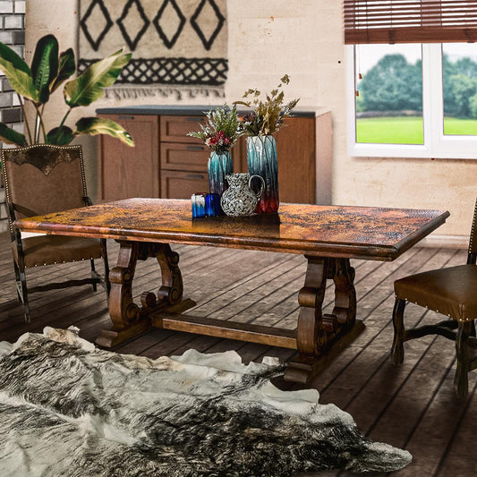 Serrano Rectangular Dining Table | Handcrafted Copper Top & Carved Wood Base | 84x44x30.5