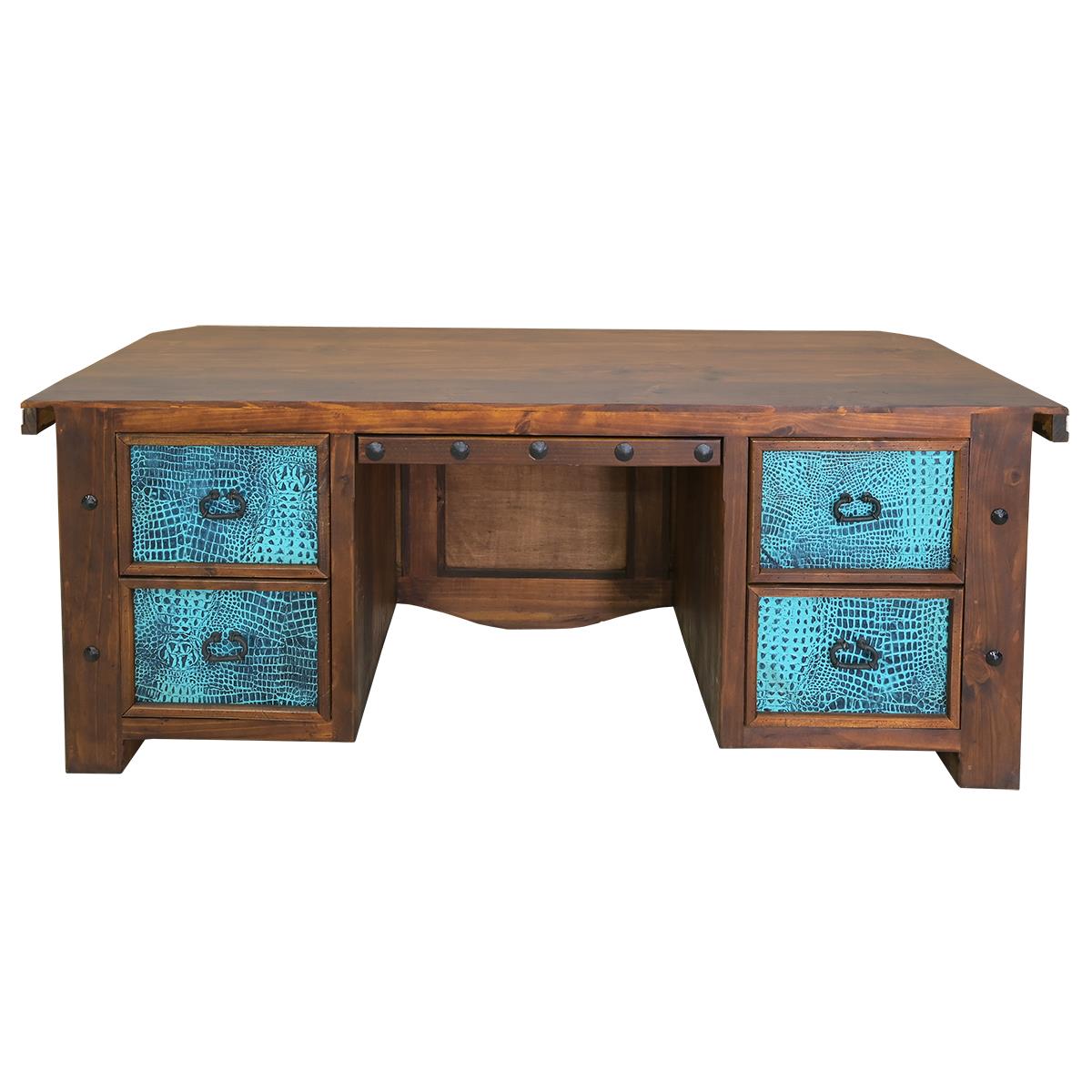 Azul Croc Executive Desk | Cowhide & Embossed Turquoise Crocodile Panels