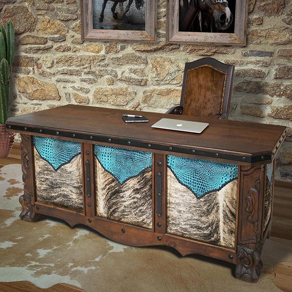 Azul Croc Executive Desk | Cowhide & Embossed Turquoise Crocodile Panels