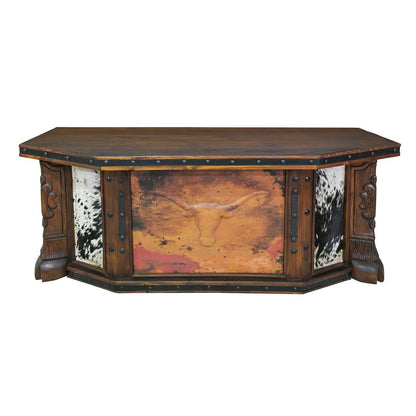 Vaquero Executive Desk | Cowhide & Hand-Tooled Leather Longhorn Panel