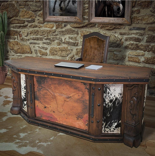 Vaquero Executive Desk | Cowhide & Hand-Tooled Leather Longhorn Panel