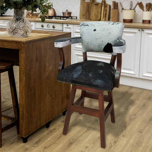 Black & White Acid Washed Cowhide Swivel Barstool with Back & Arms (2 or 3 Pack) 30"