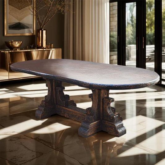 Sonora Estate Oval Dining Table | Copper Top & Hand-Carved Wood Base | 85x40x31