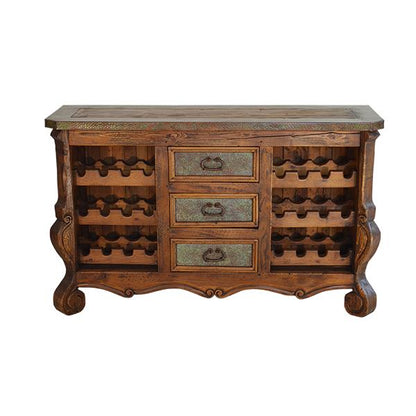 Elena Canyon Console, Green Copper Drawers & Top Edge, Wine Storage