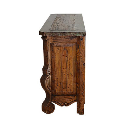 Elena Canyon Console, Green Copper Drawers & Top Edge, Wine Storage