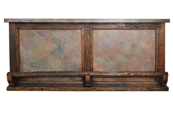 Desert Wind Rustic Home Wooden Bar with Verdi-Gris Copper Panels, Copper Top, & Log Footrail