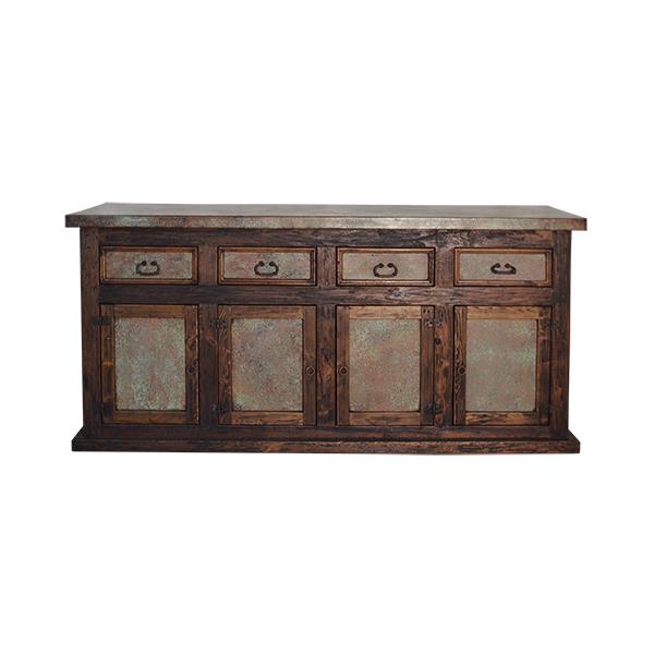Desert Wind Rustic Home Wooden Bar with Verdi-Gris Copper Panels, Copper Top, & Log Footrail