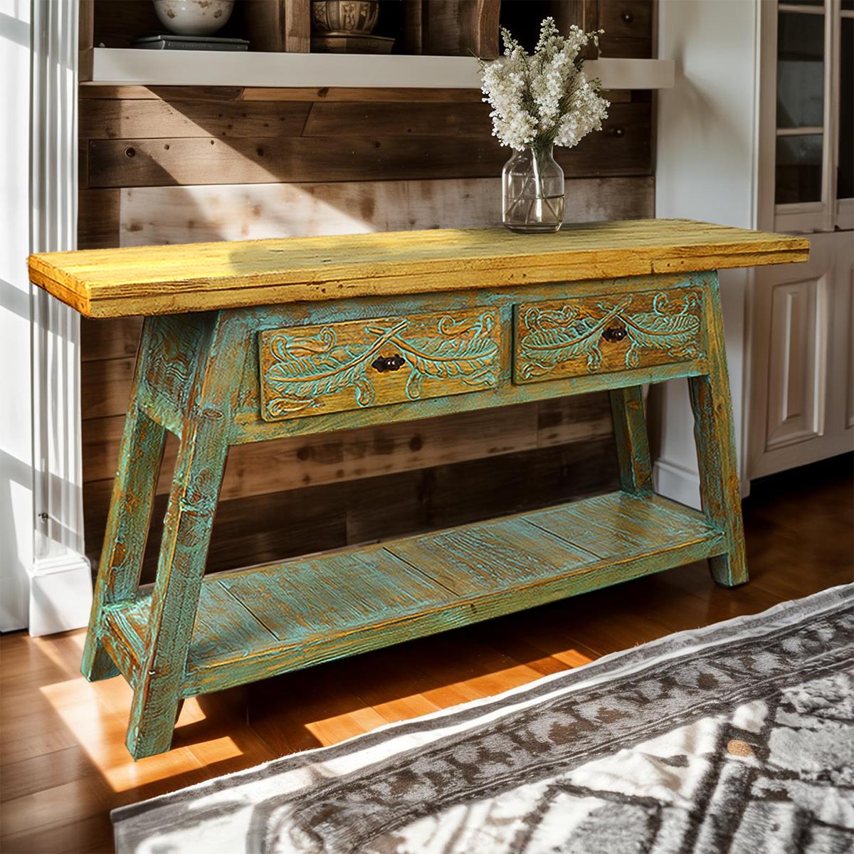 Big Bend Basin Two Drawer Console - Teal Wash