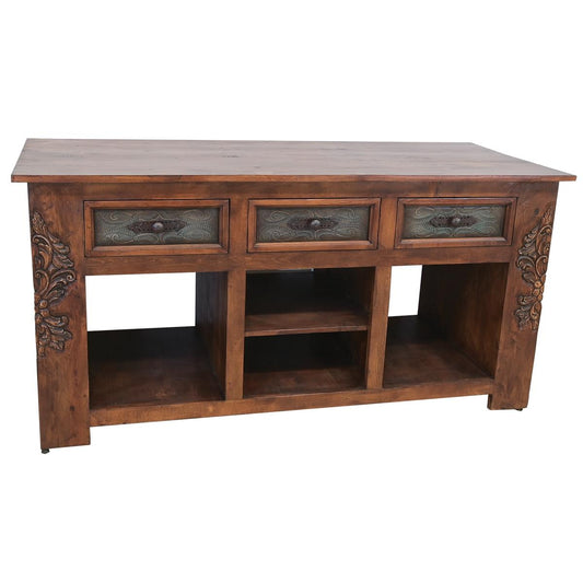 Yellow Canyon Kitchen Island With Double-Side Drawers, Hand Carving And Storage Shelving