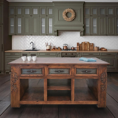 Yellow Canyon Kitchen Island With Double-Side Drawers, Hand Carving And Storage Shelving
