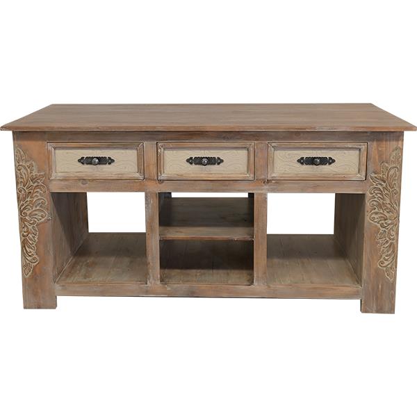 Wolf Canyon Kitchen Island With Double-Side Drawers, Hand Carving And Storage Shelving
