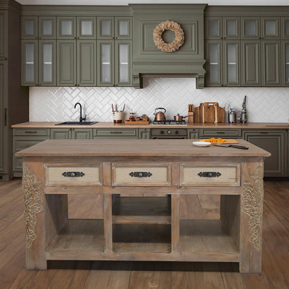 Wolf Canyon Kitchen Island With Double-Side Drawers, Hand Carving And Storage Shelving