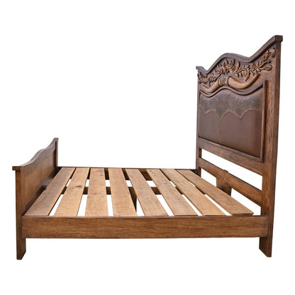 Heritage Crest Oak & Leather Bed, Hand-Carved Bull Horns - Includes Full Service Delivery