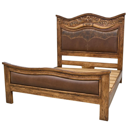 Heritage Crest Oak & Leather Bed, Hand-Carved Bull Horns - Includes Full Service Delivery