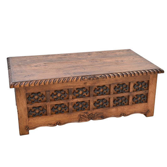 Mission Revival Wooden Coffee Table with Decorative Iron Accents | 20 x 30 x 54