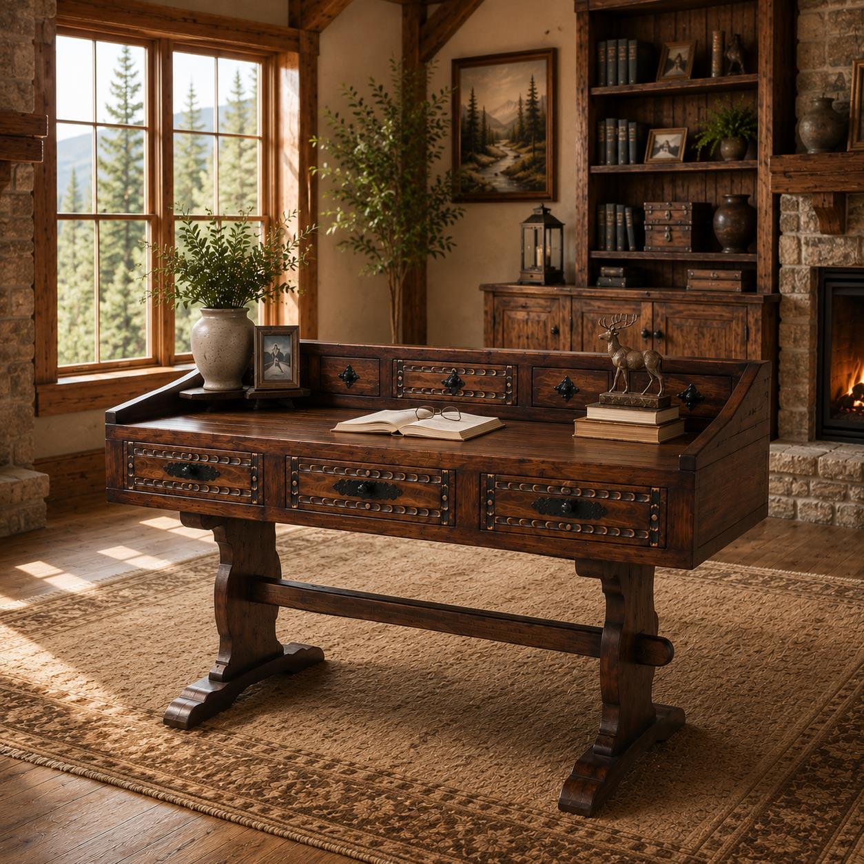 Border Creek Solid Wood Hand-Carved Drafting Desk / Table with Hutch Storage