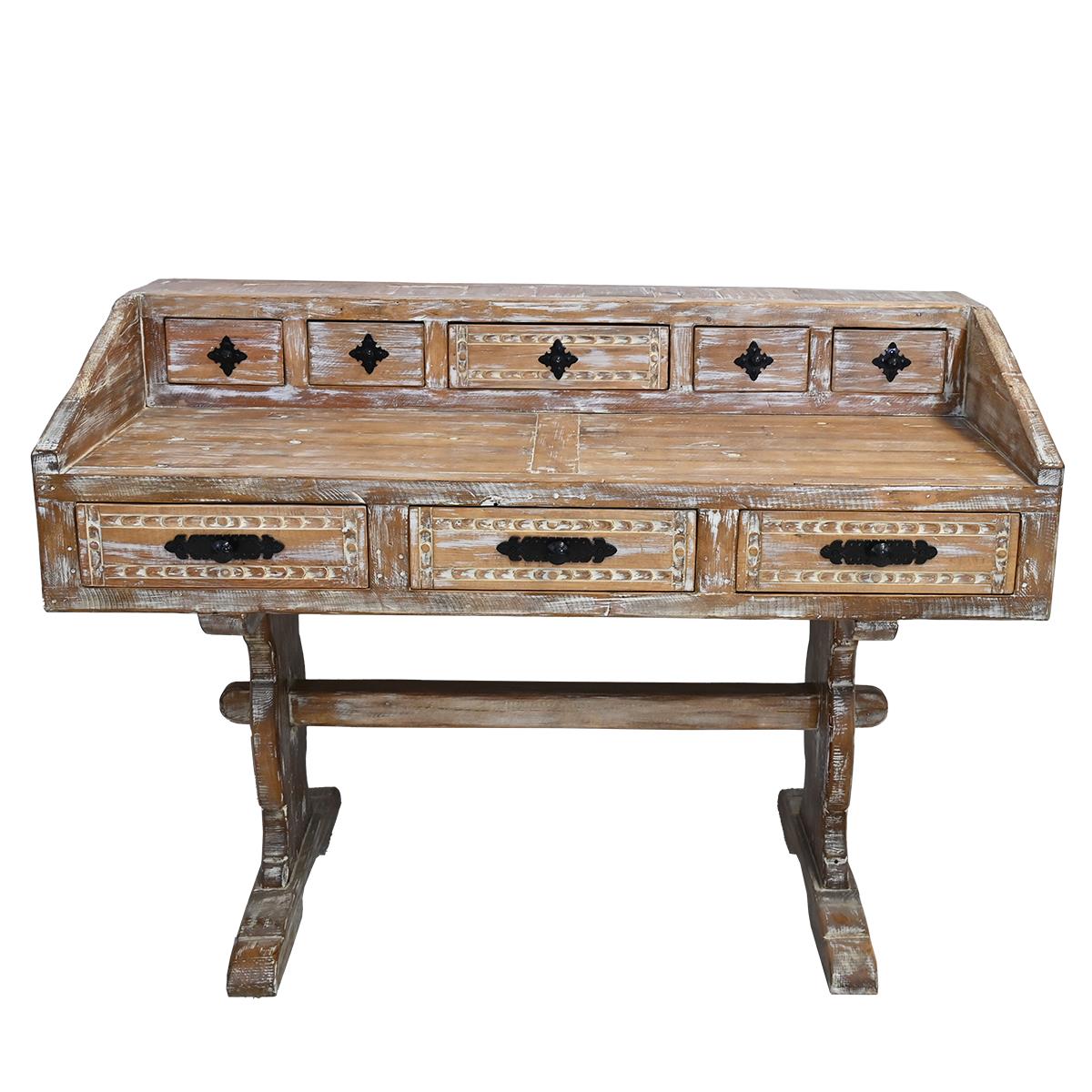 Mason River Solid Wood Hand-Carved Drafting Desk / Table with Hutch Storage