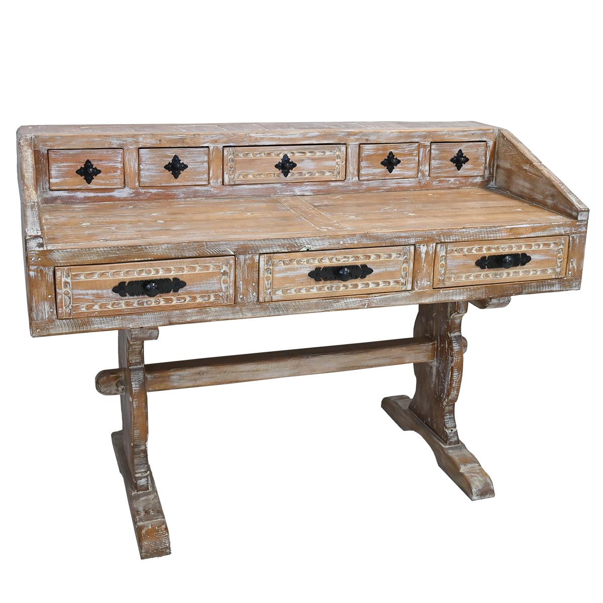 Mason River Solid Wood Hand-Carved Drafting Desk / Table with Hutch Storage