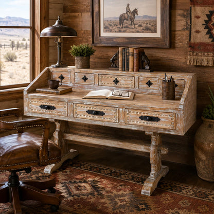 Mason River Solid Wood Hand-Carved Drafting Desk / Table with Hutch Storage