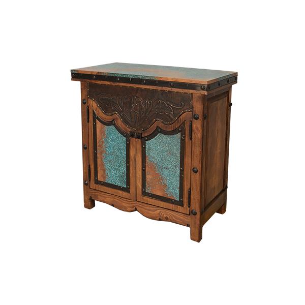 Horse Canyon Console Cabinet With Tooled Leather And Copper Accents