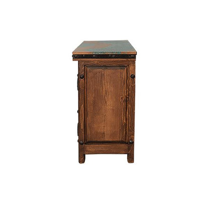 Horse Canyon Console Cabinet With Tooled Leather And Copper Accents