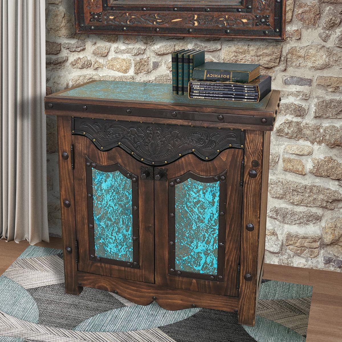 Horse Canyon Console Cabinet With Tooled Leather And Copper Accents