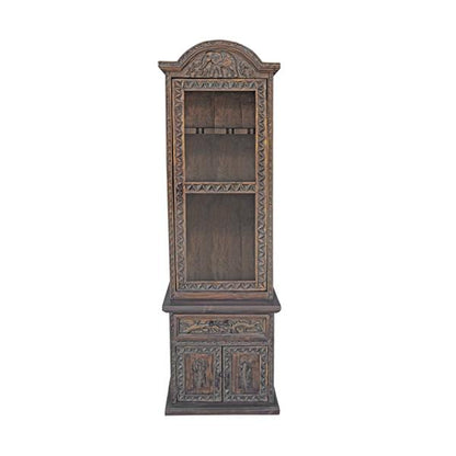 Safari Crest Gun Display Cabinet with Built-In Rack | Hand-Carved Elephant Motif | Glass Front